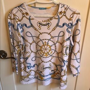 J. McLaughlin Gold and White Nautical 3/4 Sleeve Cruisewear Top, size M